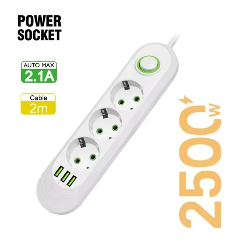 EU Power Strip Extension Cord With USB Ports 2M Cable Multi Socket Adapter 6