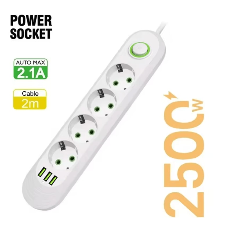 EU Power Strip Extension Cord With USB Ports 2M Cable Multi Socket Adapter 7