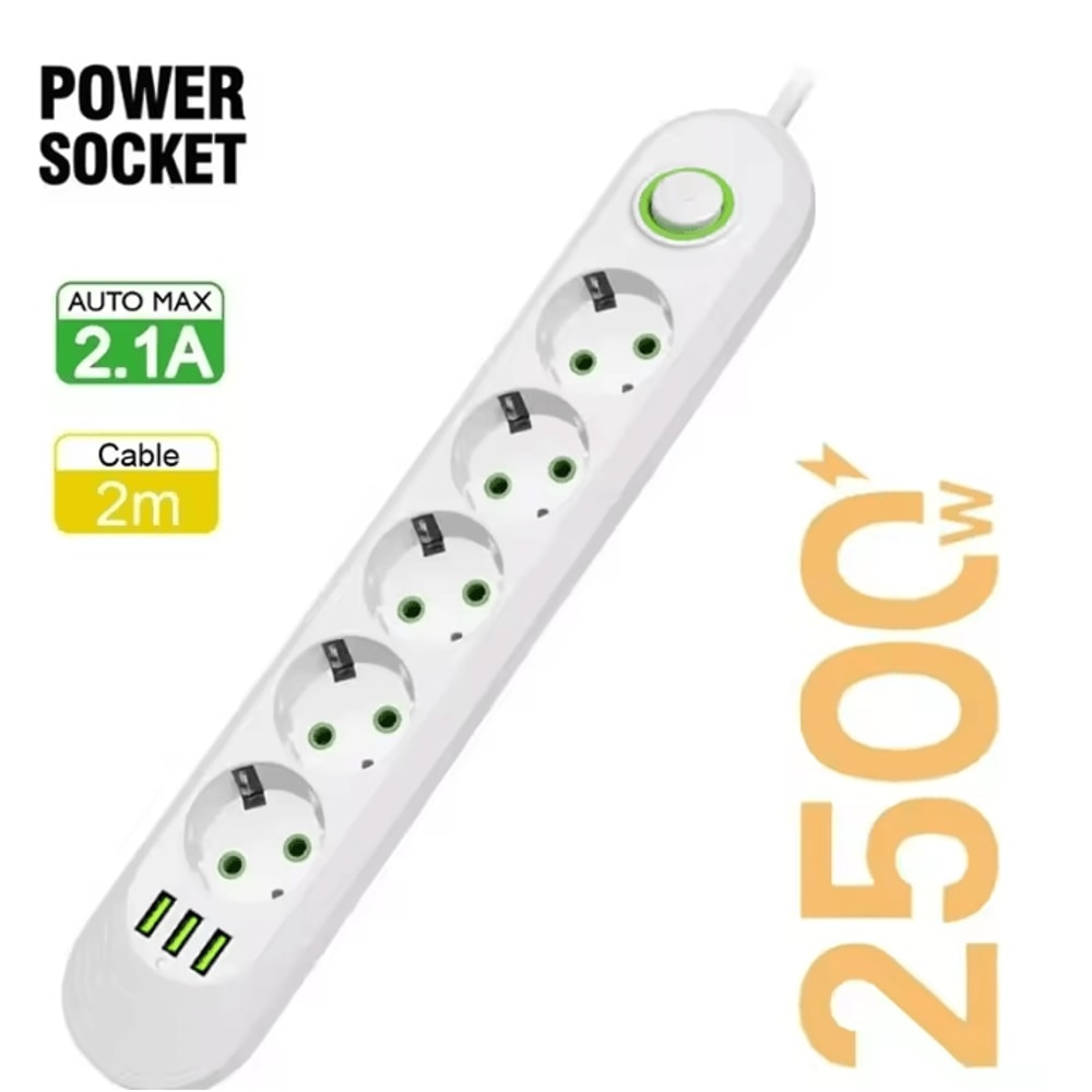 EU Power Strip Extension Cord With USB Ports 2M Cable Multi Socket Adapter 8