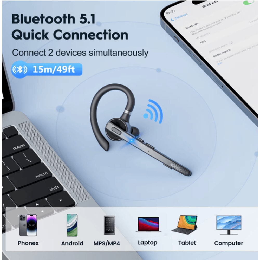 New Bee M53 Bluetooth Headset Noise Cancelling Wireless Earpiece For Calls And Driving 3