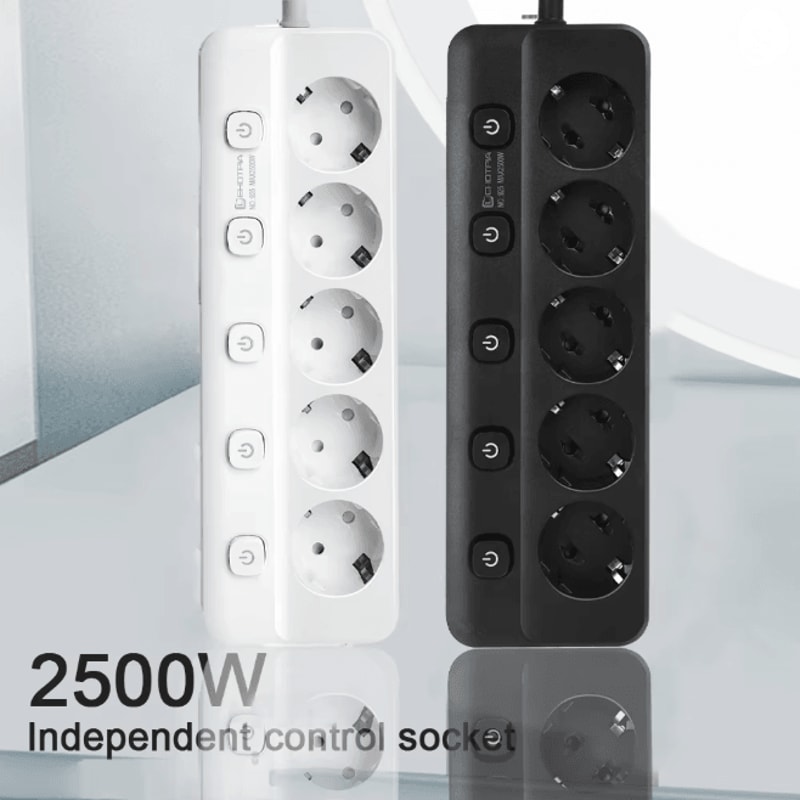 EU Power Strip With Independent Switches Multi Socket Extension Adapter 1