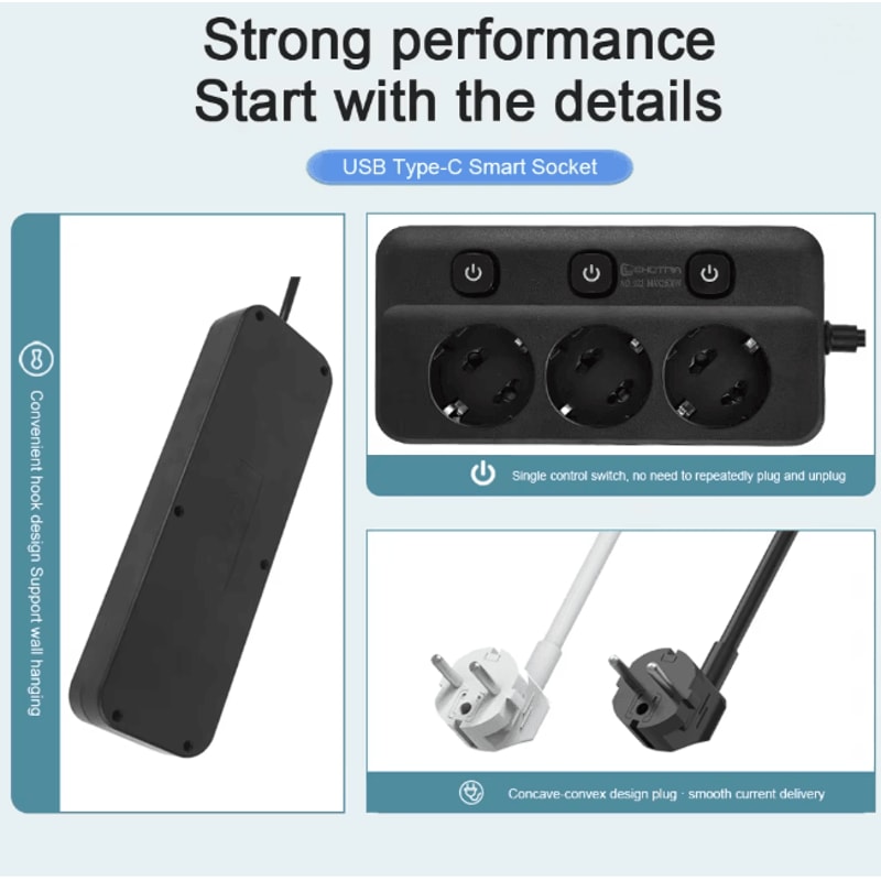 EU Power Strip With Independent Switches Multi Socket Extension Adapter 2