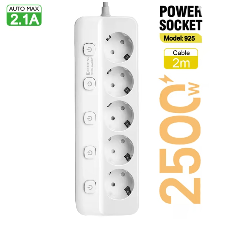 EU Power Strip With Independent Switches Multi Socket Extension Adapter 6