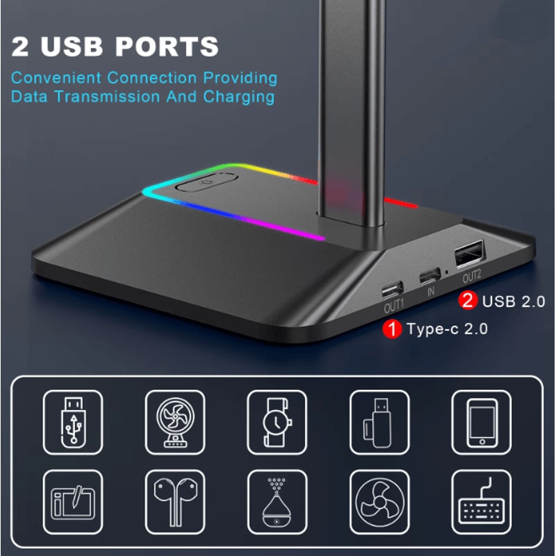 New Bee Z8 RGB Gaming Headset Stand With USB Ports Desk Headphone Holder 2
