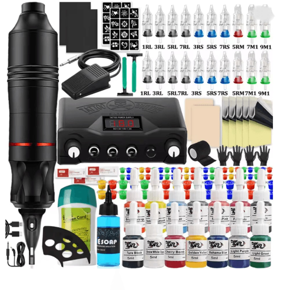 Complete Tattoo Pen Machine Kit Rotary Cartridge Tattoo Starter Set 9