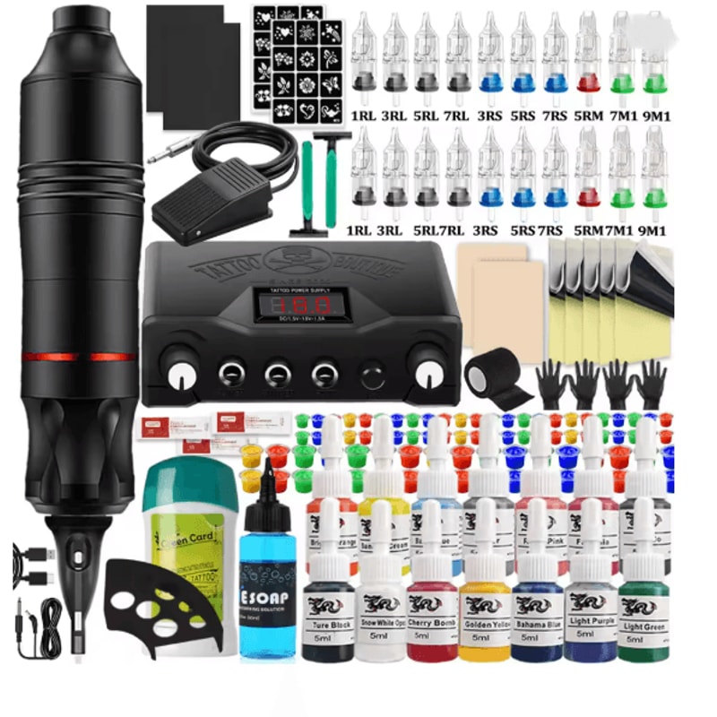 Complete Tattoo Pen Machine Kit Rotary Cartridge Tattoo Starter Set 9