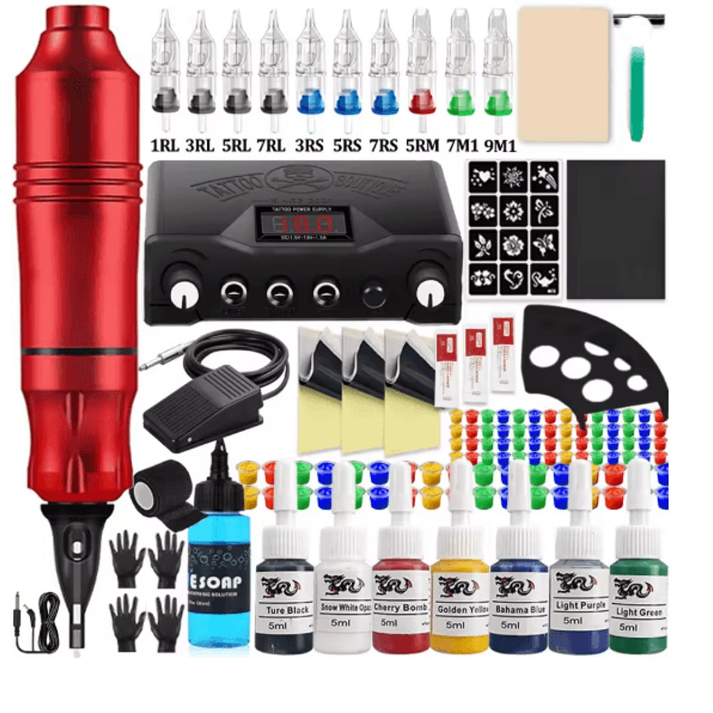 Complete Tattoo Pen Machine Kit Rotary Cartridge Tattoo Starter Set 8