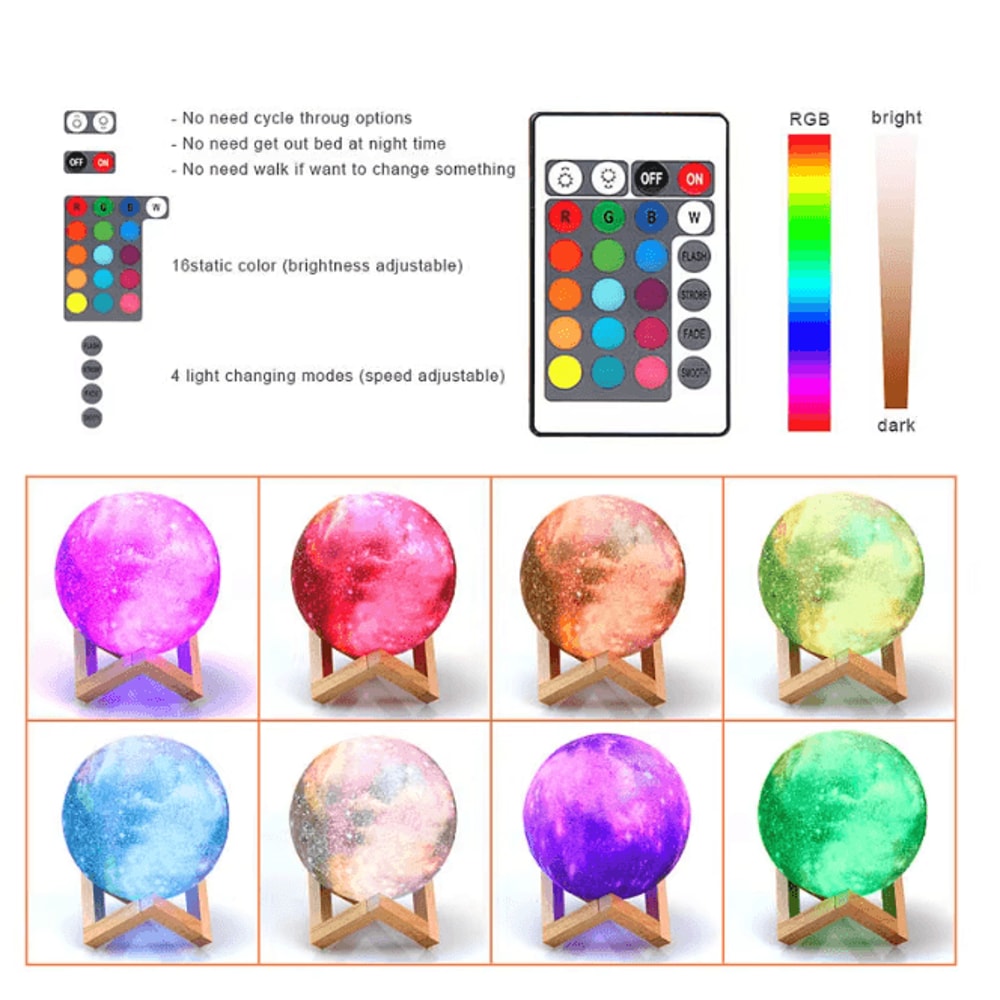 3D Moon Lamp LED Night Light With Remote Rechargeable Bedroom Decor 3