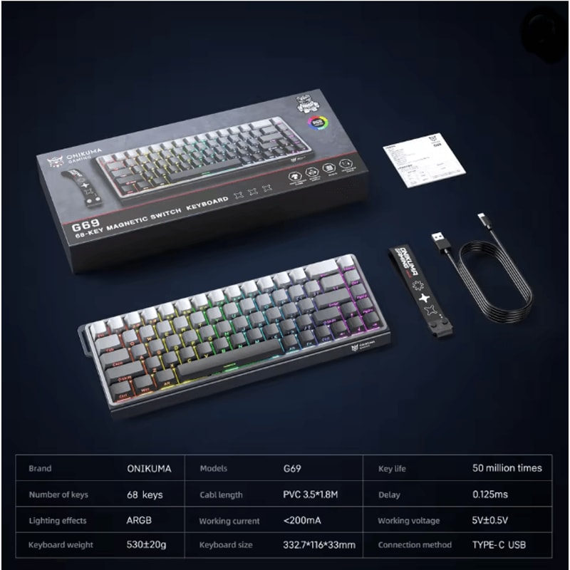 ONIKUMA G69 Magnetic Gaming Keyboard 60 Percent Wired Rapid Trigger 8000Hz 3