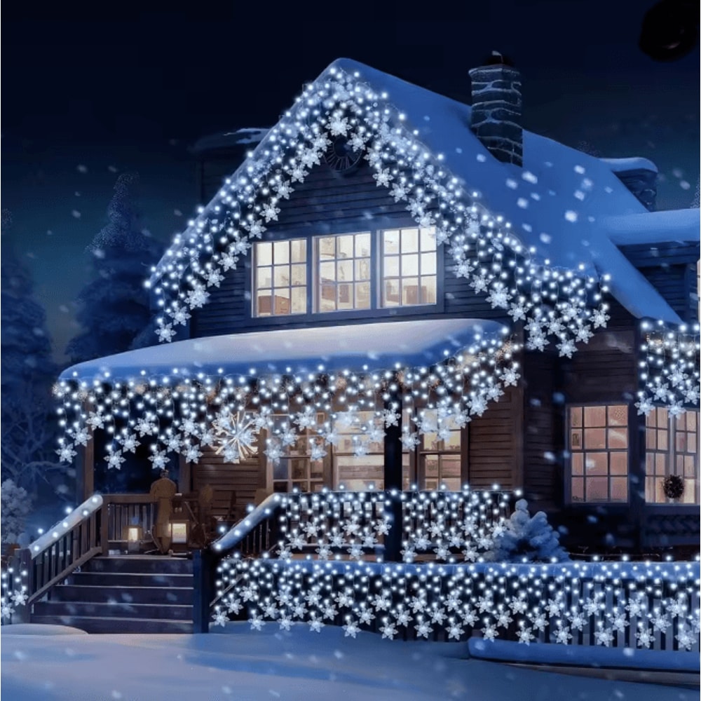 96 LED Solar Snowflake Curtain Lights Waterproof Christmas Decoration 2