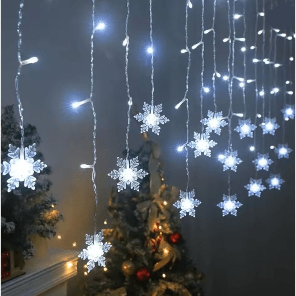 96 LED Solar Snowflake Curtain Lights Waterproof Christmas Decoration 5