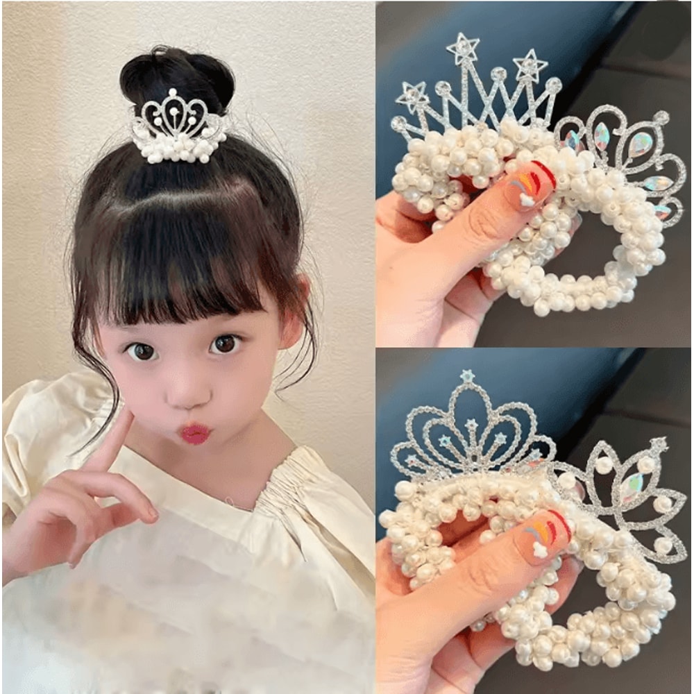 Princess Pearl Crown Hair Tie For Girls Elastic Kids Hair Accessory 0