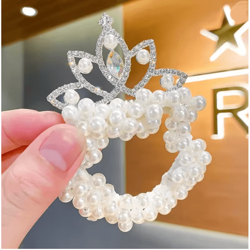 Princess Pearl Crown Hair Tie For Girls Elastic Kids Hair Accessory 5