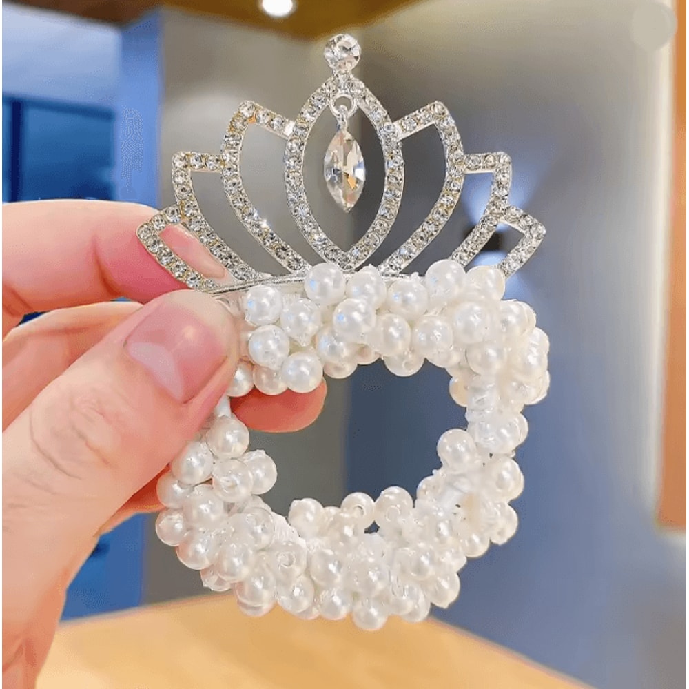 Princess Pearl Crown Hair Tie For Girls Elastic Kids Hair Accessory 7