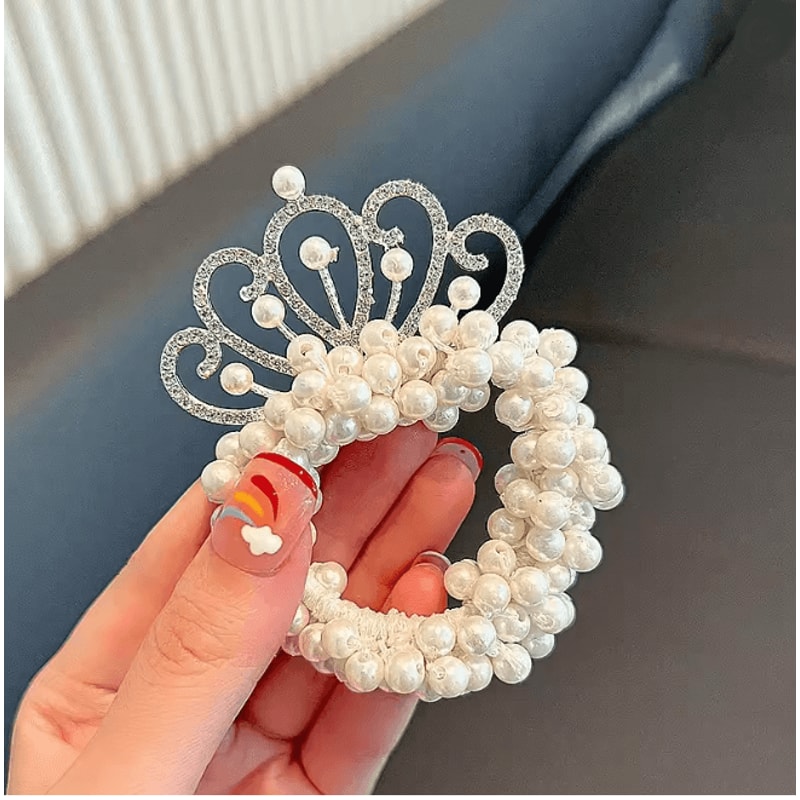 Princess Pearl Crown Hair Tie For Girls Elastic Kids Hair Accessory 1