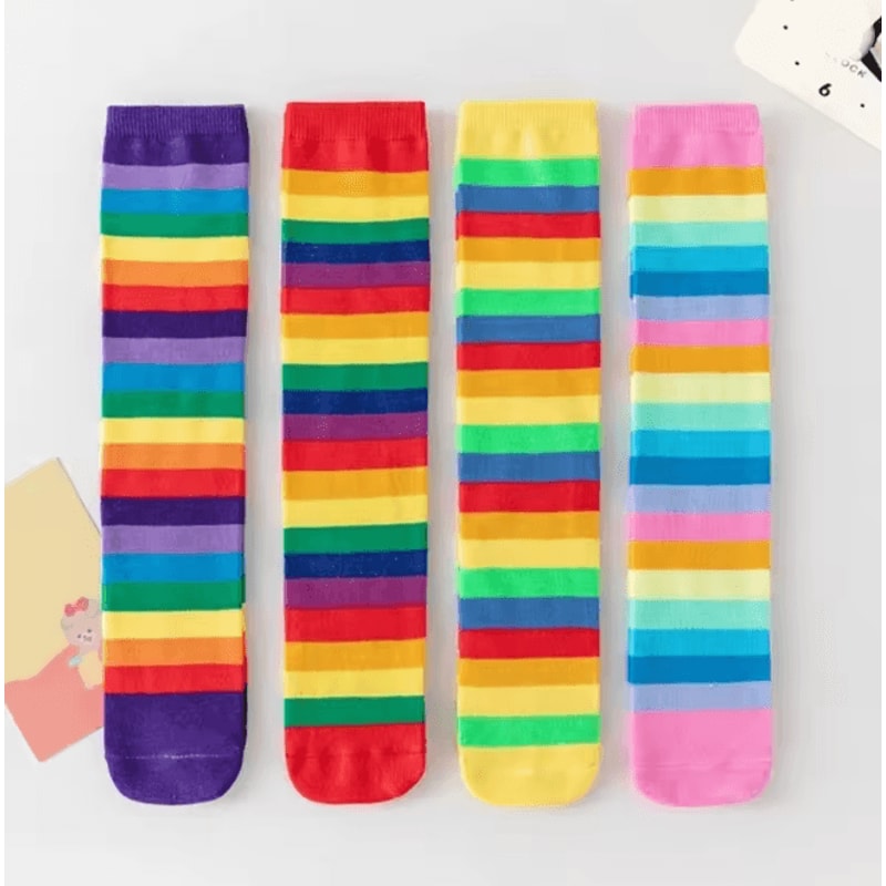Rainbow Stripe Knee High Socks For Girls Fun Cosplay Party Stockings 0