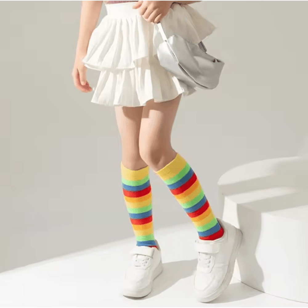 Rainbow Stripe Knee High Socks For Girls Fun Cosplay Party Stockings 1