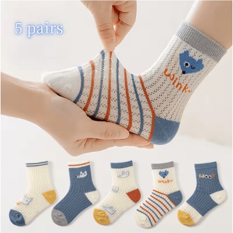 BreezeStep Summer Cotton Kids Socks 5 Pair Cartoon Mesh Set 0