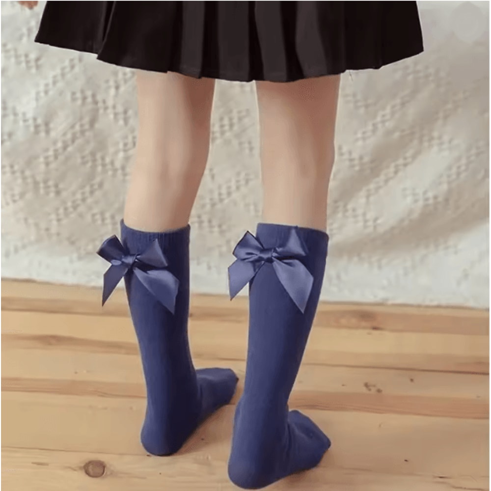 Girls Knee High Bow Socks Soft Cotton Long Tube Socks For Kids 6 To 10 Years 0
