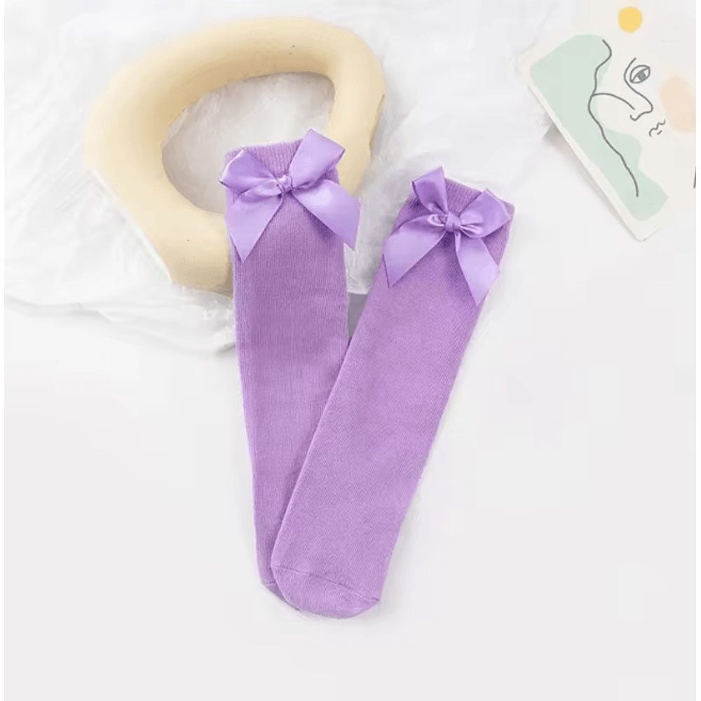 Girls Knee High Bow Socks Soft Cotton Long Tube Socks For Kids 6 To 10 Years 10
