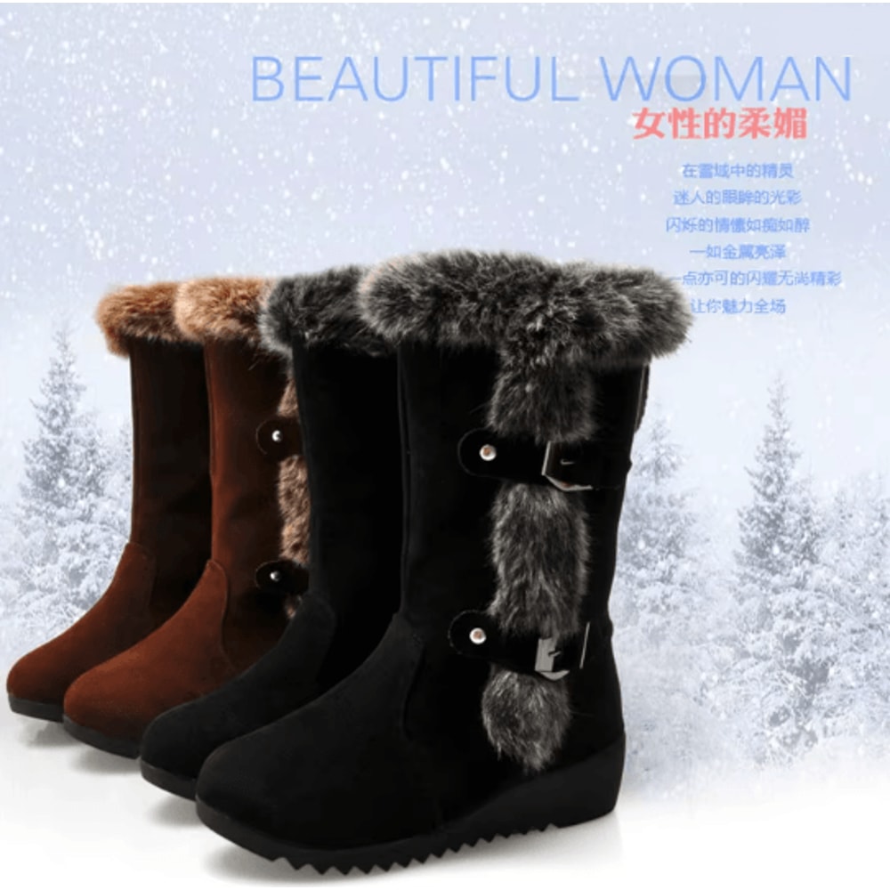 Womens Winter Snow Boots Mid Calf Fur Lined Wedge Slip On 0