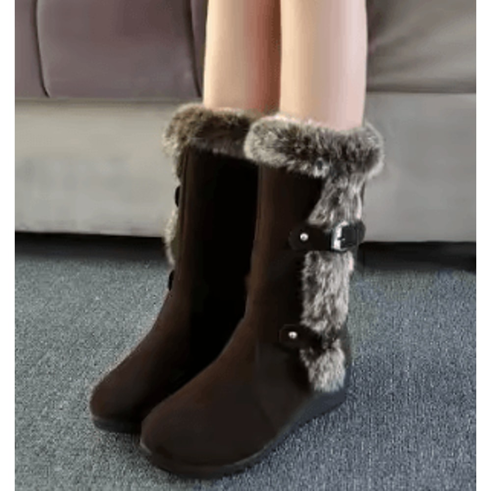 Womens Winter Snow Boots Mid Calf Fur Lined Wedge Slip On 2