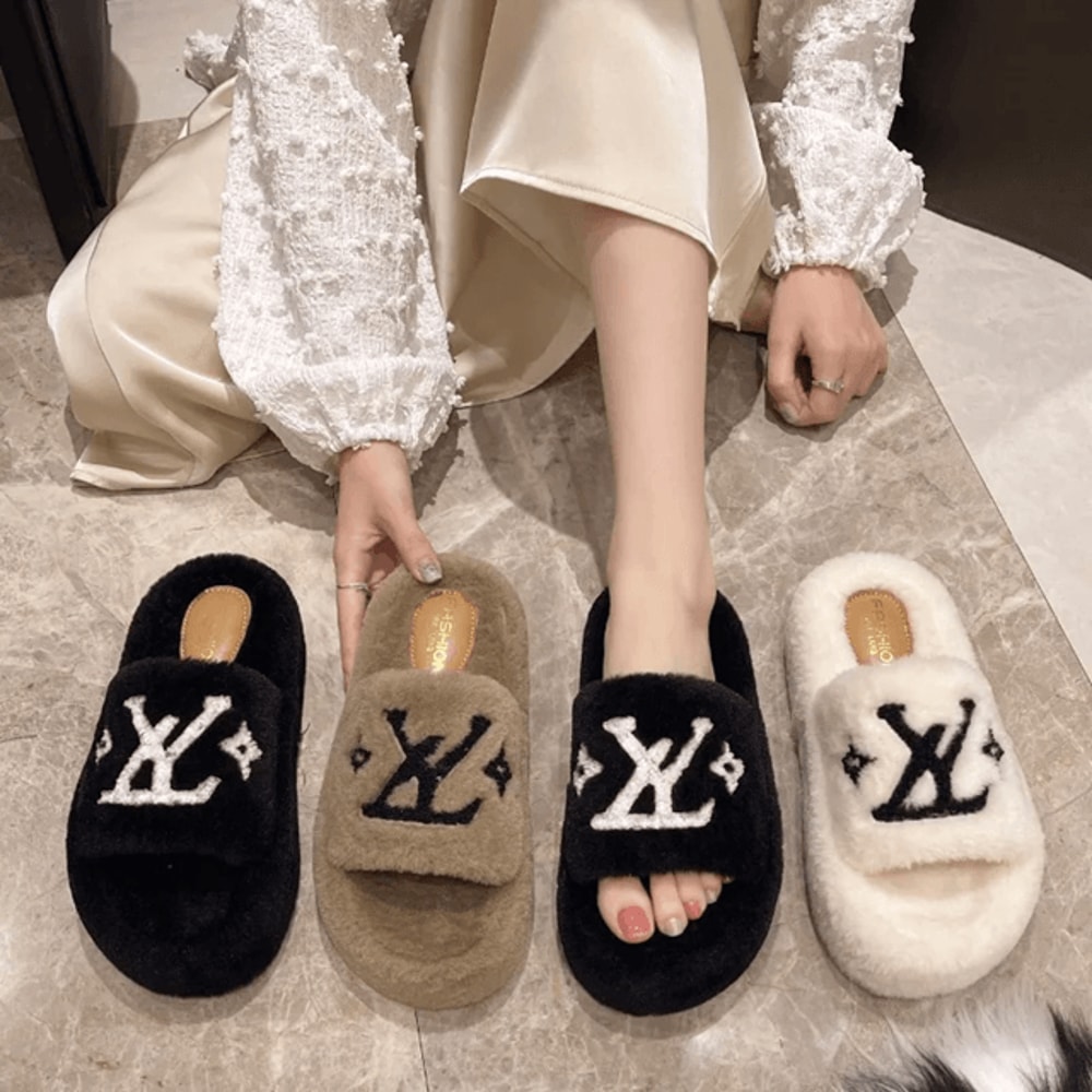 Womens Furry Slide Slippers Plush Fur Flip Flops For Home And Party 2