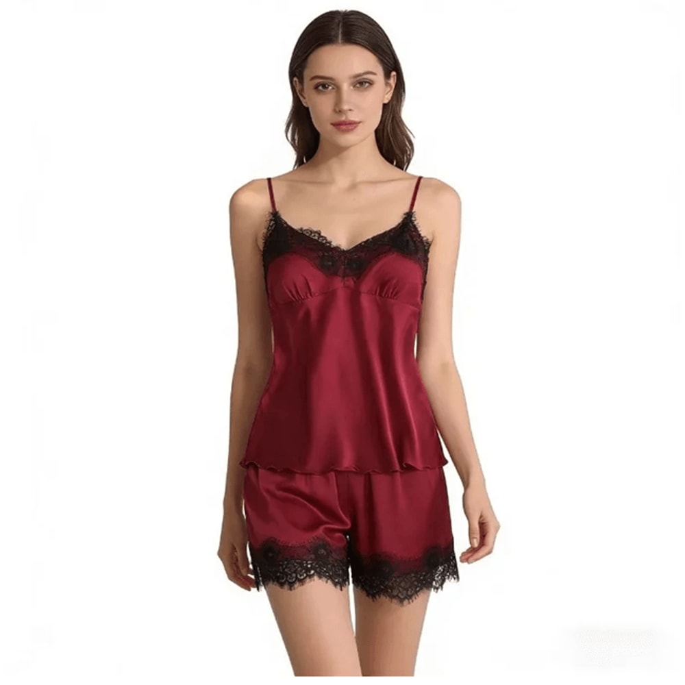 Womens Lace V Neck Pajama Set Sexy Sleep Shorts Lingerie 2