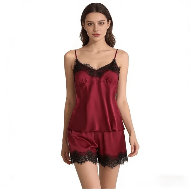 Womens Lace V Neck Pajama Set Sexy Sleep Shorts Lingerie 2