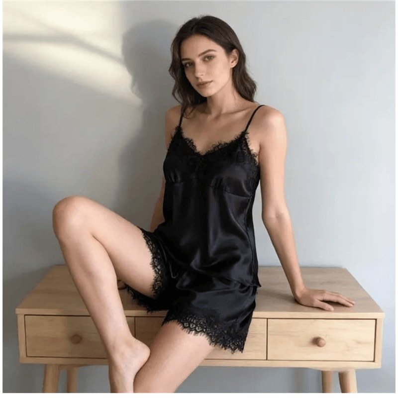 Womens Lace V Neck Pajama Set Sexy Sleep Shorts Lingerie 4