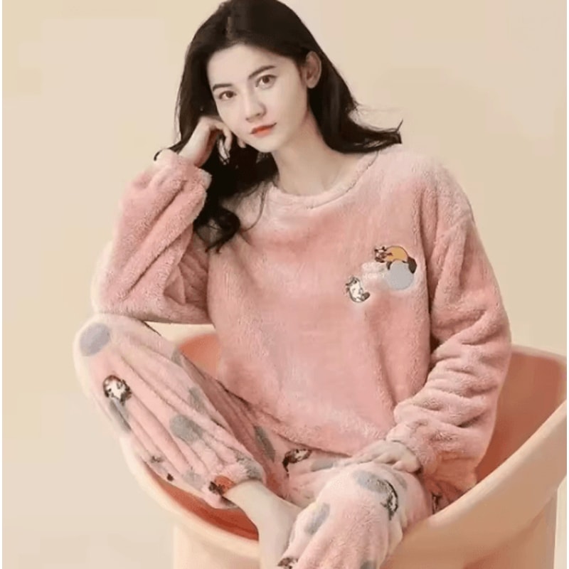 Womens Flannel Winter Pajama Set Coral Velvet Cartoon Bear Sleepwear 4