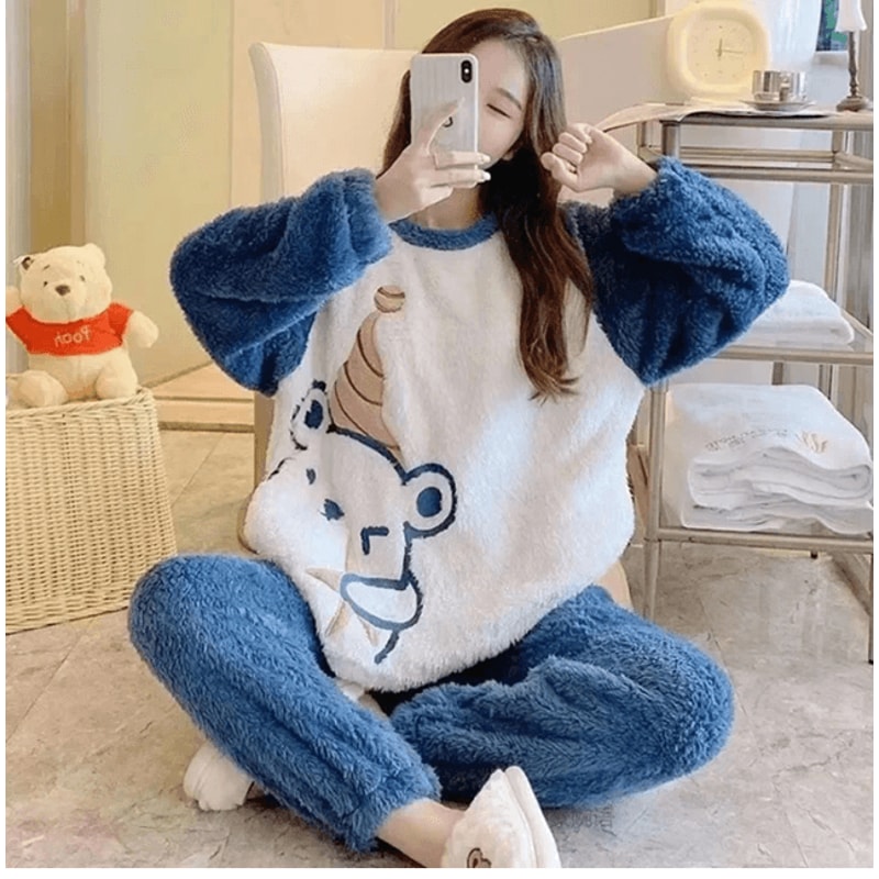 Womens Flannel Winter Pajama Set Coral Velvet Cartoon Bear Sleepwear 6