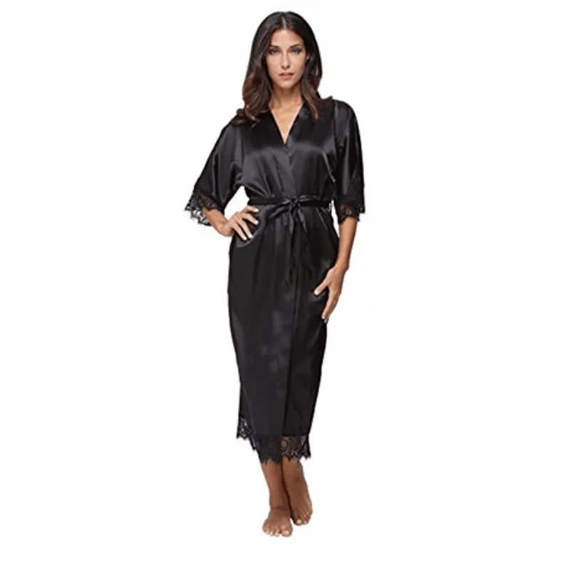 Lace Trim Satin Kimono Robe For Bridal And Nightwear 0