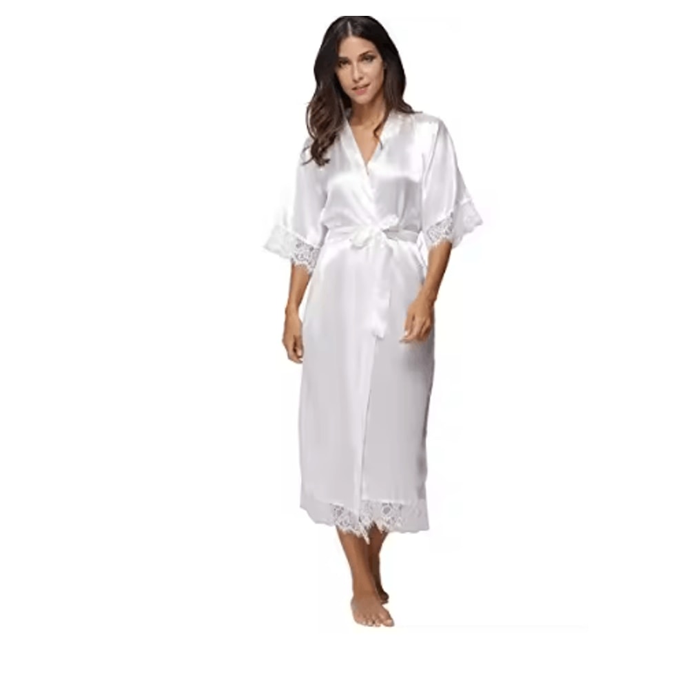 Lace Trim Satin Kimono Robe For Bridal And Nightwear 2