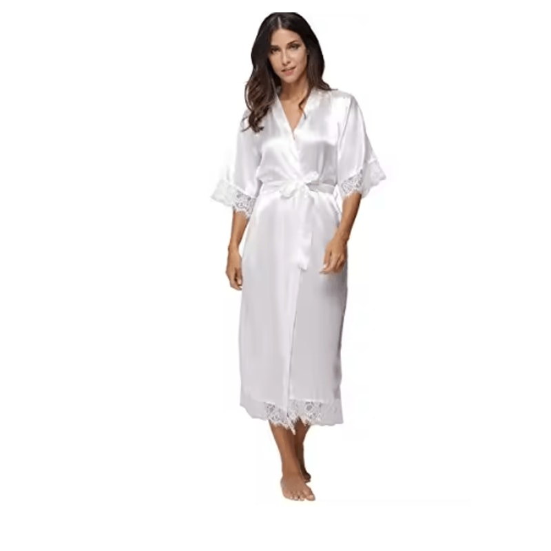 Lace Trim Satin Kimono Robe For Bridal And Nightwear 2