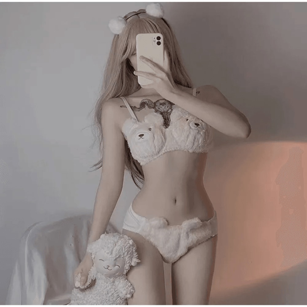 Cute Bear Plush Lingerie Set Soft Japanese Style Winter Bra For Women 0