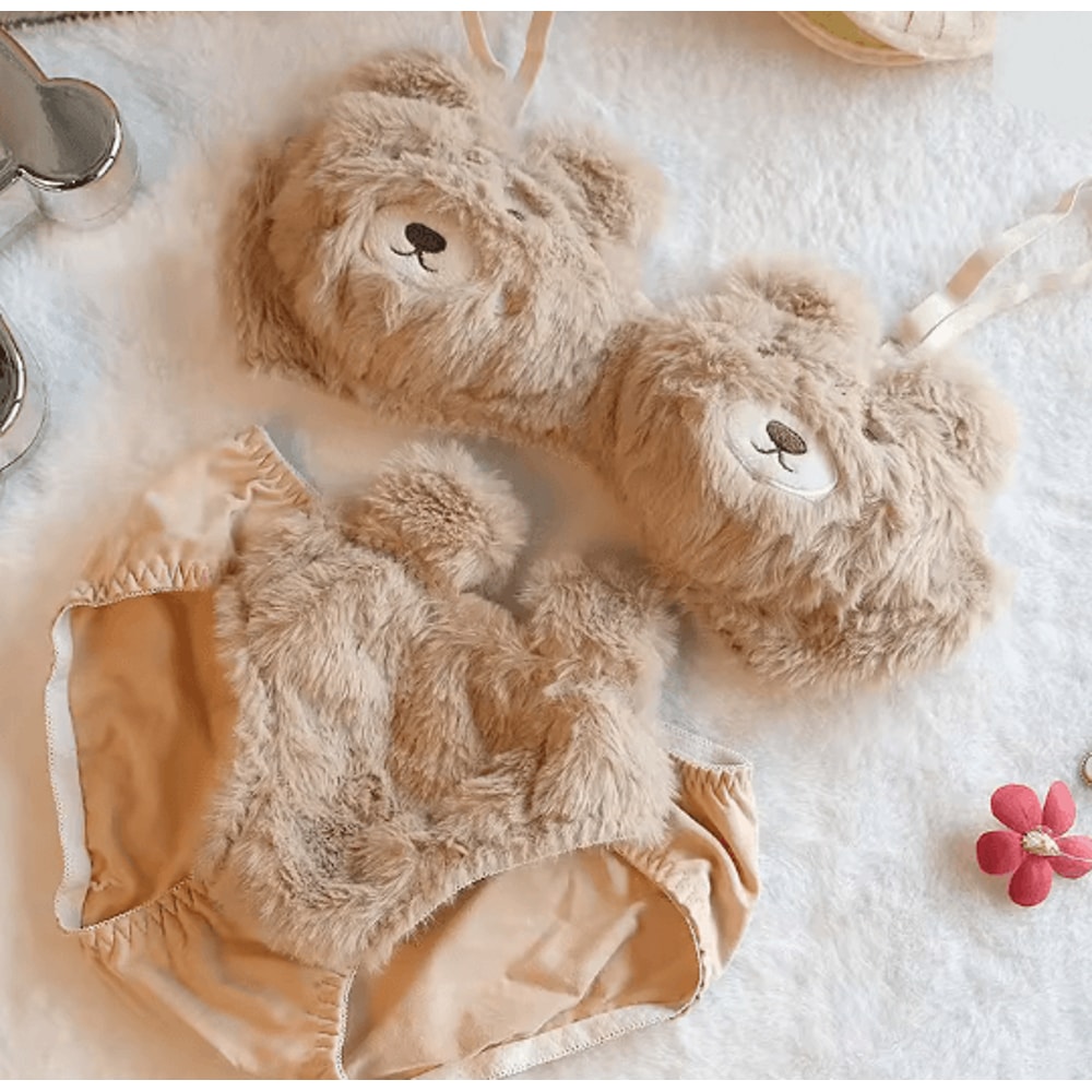 Cute Bear Plush Lingerie Set Soft Japanese Style Winter Bra For Women 5