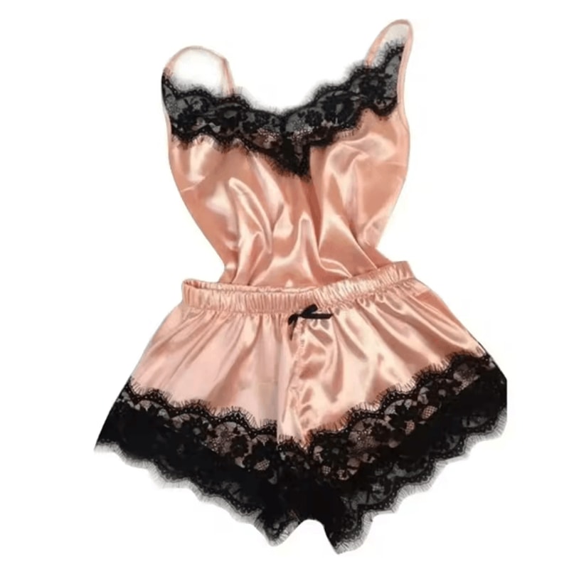 Summer Lace Silk Pajama Set Womens Cami Top And Shorts Sleepwear 2