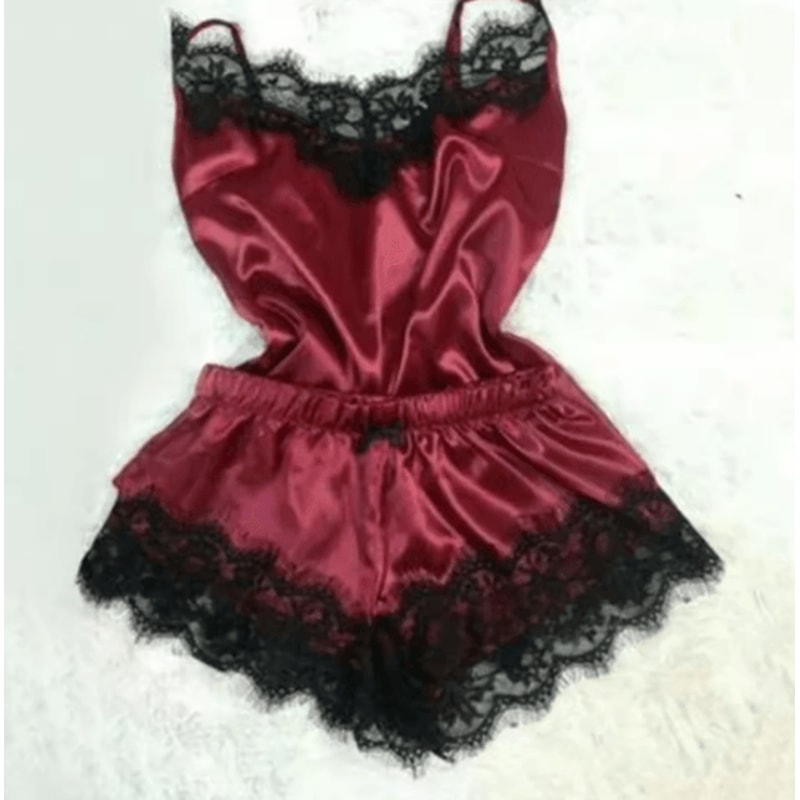 Summer Lace Silk Pajama Set Womens Cami Top And Shorts Sleepwear 3