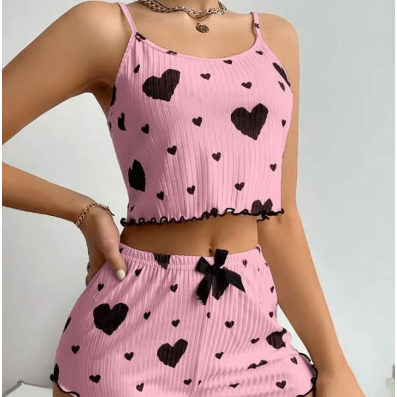 Y2K Heart Silk Pajama Set Cute Kawaii Cami And Shorts Sleepwear 1