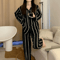 Light Luxury Ice Silk Pajama Set Womens Long Sleeve Striped Nightwear 2