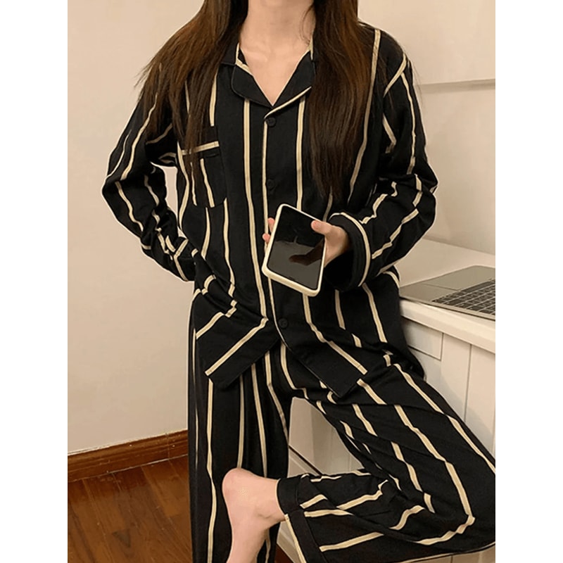 Light Luxury Ice Silk Pajama Set Womens Long Sleeve Striped Nightwear 3