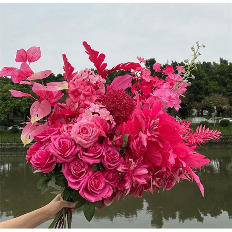 Hot Pink Artificial Rose And Hydrangea Wedding Floral Arrangement Set 1