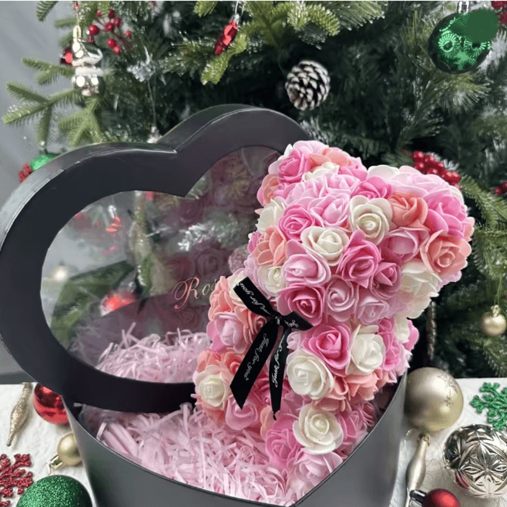 25cm Rose Teddy Bear Gift In Luxury Box Romantic Artificial Flower Bear For Her 26