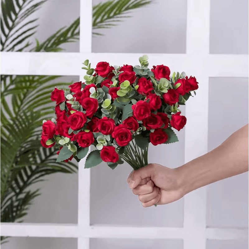 10 Head Artificial Silk Rose And Peony Bouquet With Eucalyptus For Wedding Decor 3