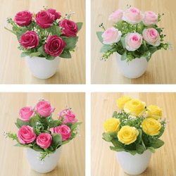 mini artificial rose potted plant faux flower bonsai decor
