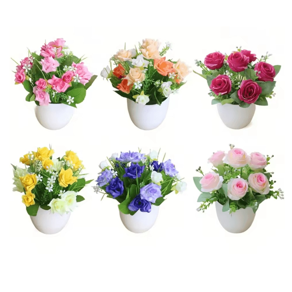 Mini Artificial Rose Potted Plant Faux Flower Bonsai Decor 1