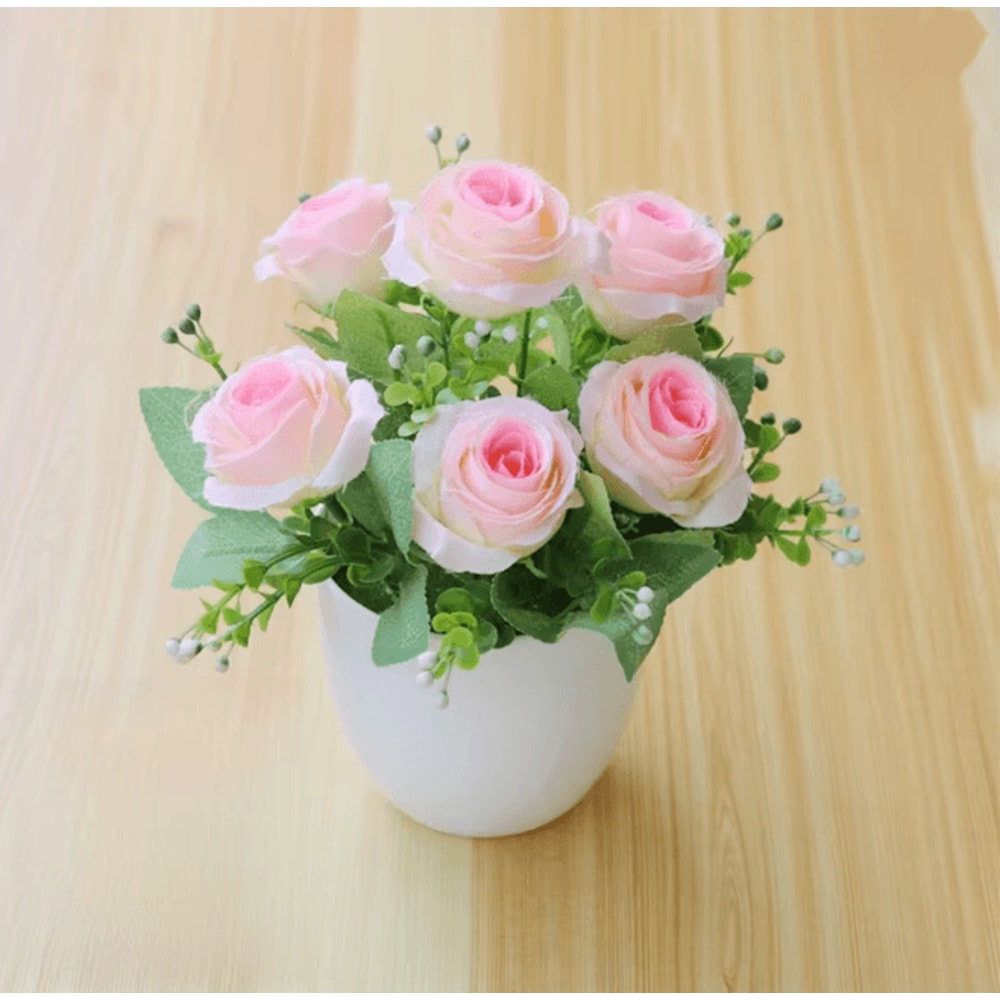 Mini Artificial Rose Potted Plant Faux Flower Bonsai Decor 4
