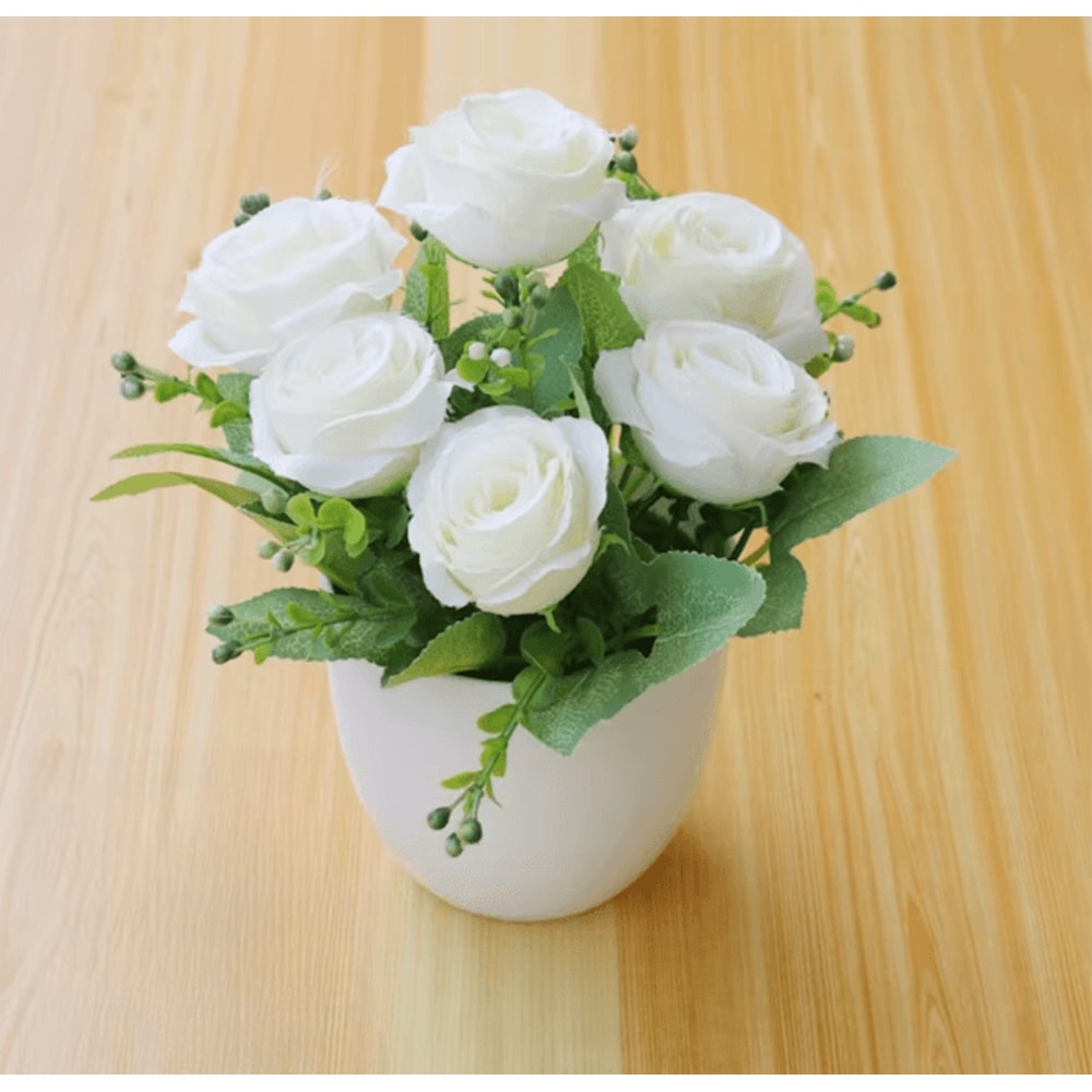 Mini Artificial Rose Potted Plant Faux Flower Bonsai Decor 6