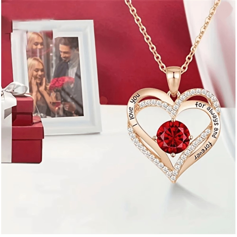 Red Zircon Heart Pendant Necklace With Rose Gift Box For Her 1